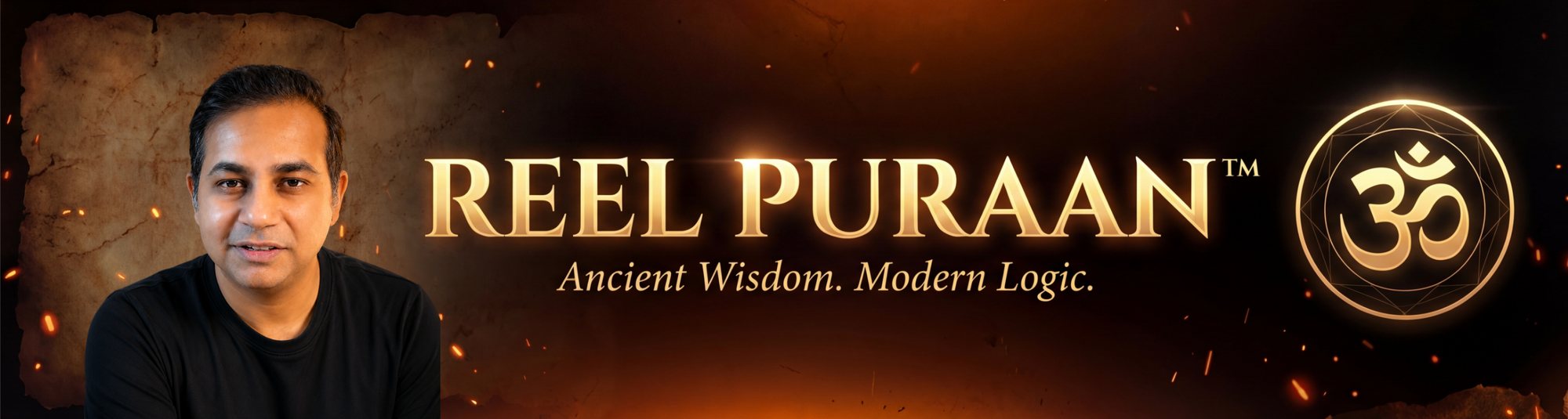 Reel Puraan. Ancient Wisdom. Modern Logic. Ashish Mishra beside the Reel Puraan name and an Om symbol.